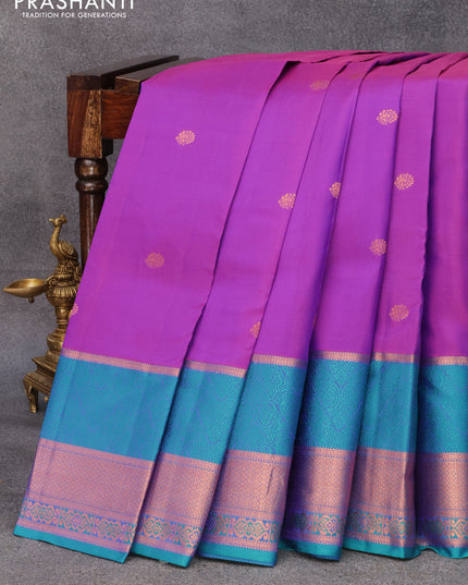 Pure kanjivaram silk saree purple and teal green with copper zari woven buttas and long thread & copper zari woven border