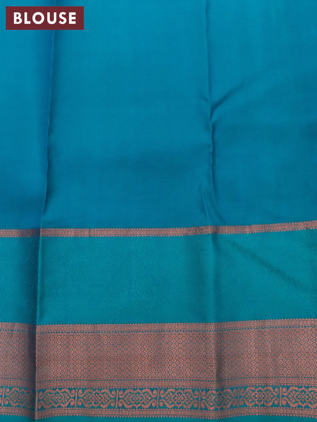 Pure kanjivaram silk saree purple and teal green with copper zari woven buttas and long thread & copper zari woven border