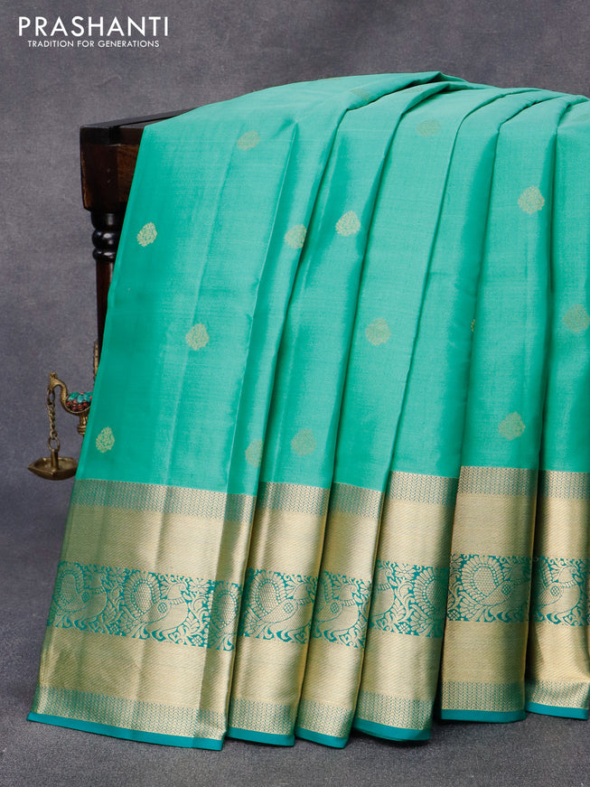 Pure kanjivaram silk saree teal green and teal blue with zari woven buttas and long annam zari woven border