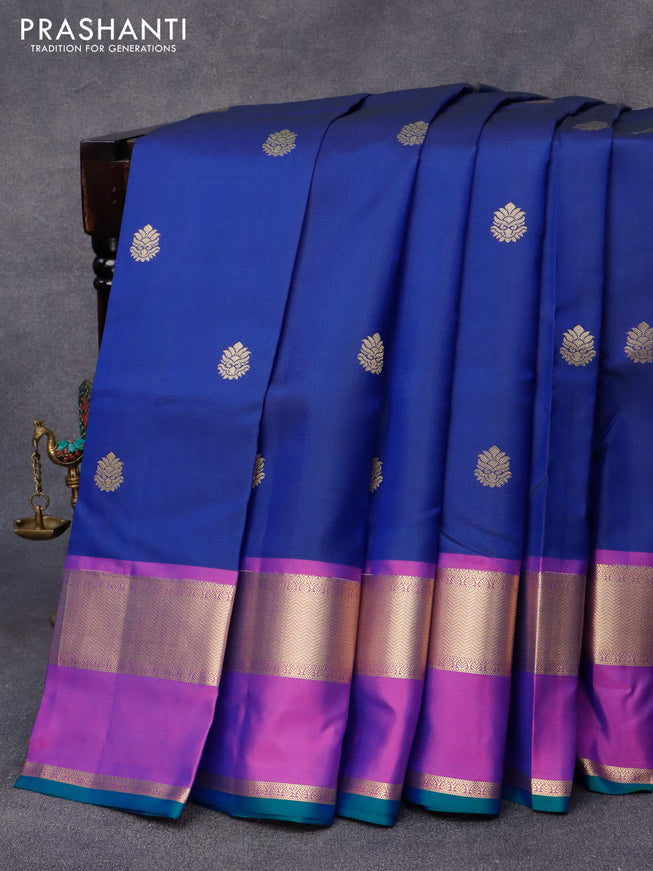 Pure kanjivaram silk saree navy blue and purple with zari woven buttas and rettapet zari woven border