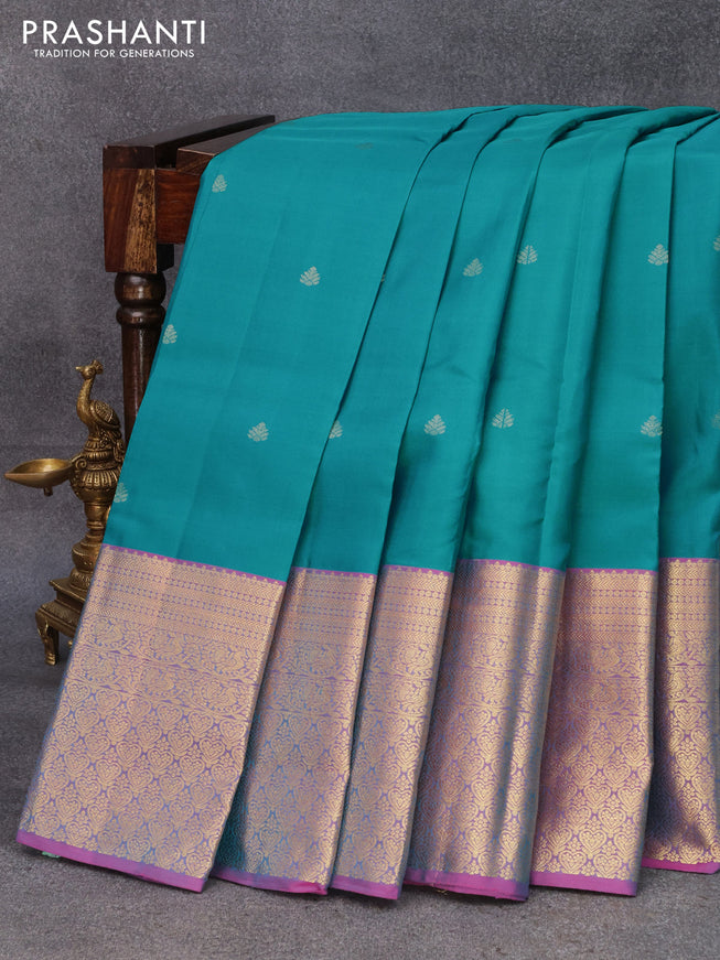 Pure kanjivaram silk saree teal blue and pink with zari woven buttas and long zari woven border