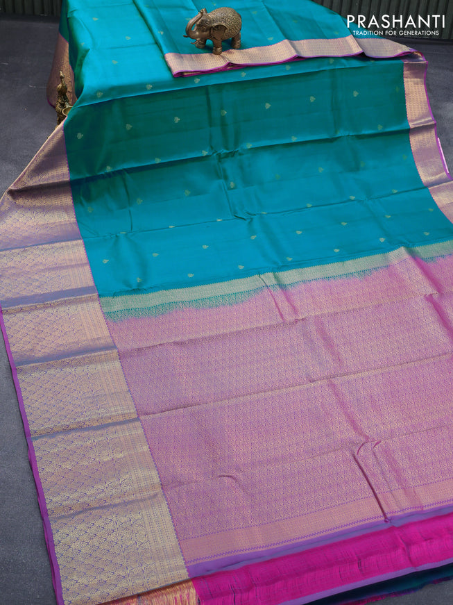 Pure kanjivaram silk saree teal blue and pink with zari woven buttas and long zari woven border