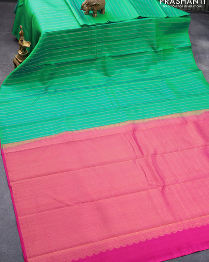 Pure kanjivaram silk saree dual shade of green and pink with silver & copper zari weaves in borderless style