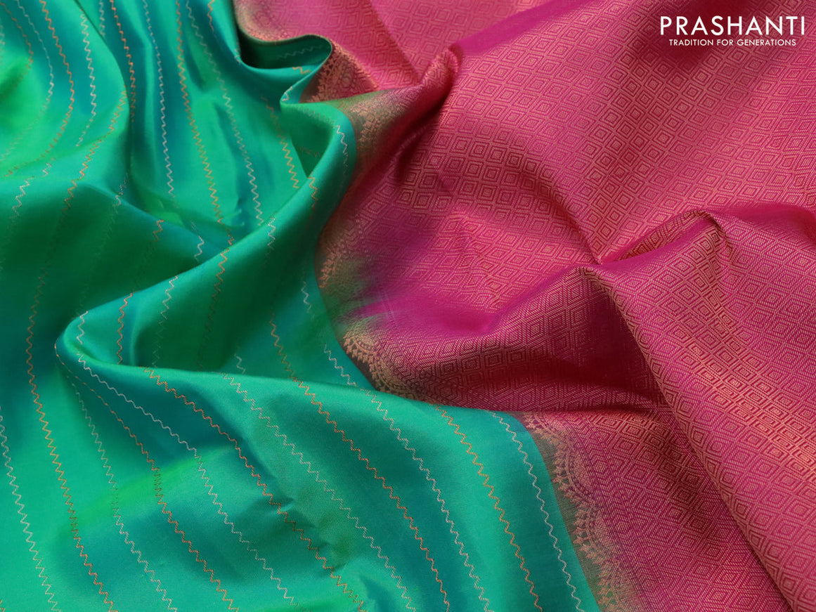 Pure kanjivaram silk saree dual shade of green and pink with silver & copper zari weaves in borderless style