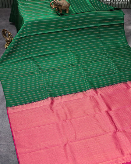 Pure kanjivaram silk saree green and pink with silver & copper zari weaves in borderless style