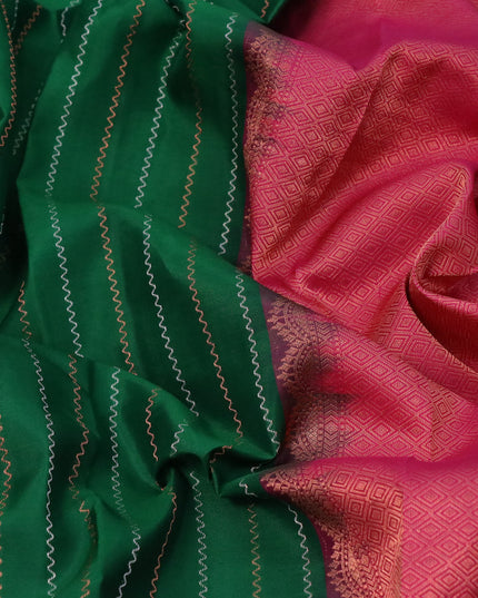 Pure kanjivaram silk saree green and pink with silver & copper zari weaves in borderless style