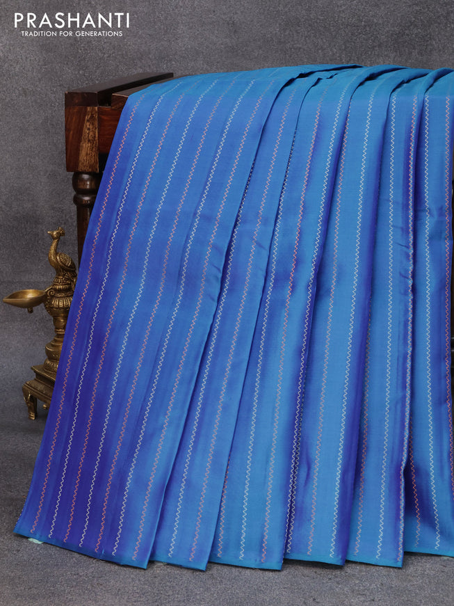 Pure kanjivaram silk saree cs blue and pink with silver & copper zari weaves in borderless style