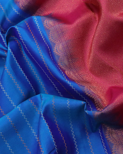 Pure kanjivaram silk saree cs blue and pink with silver & copper zari weaves in borderless style