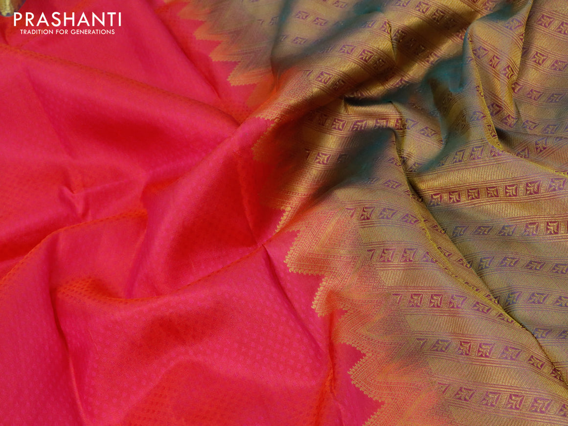 Pure kanjivaram silk saree dual shade of pinkish orange and dual shade of greenish pink with allover self emboss and zari woven border