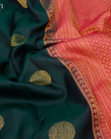 Pure kanjivaram silk saree bottle green and pink with allover self emboss & zari buttas and zari woven border