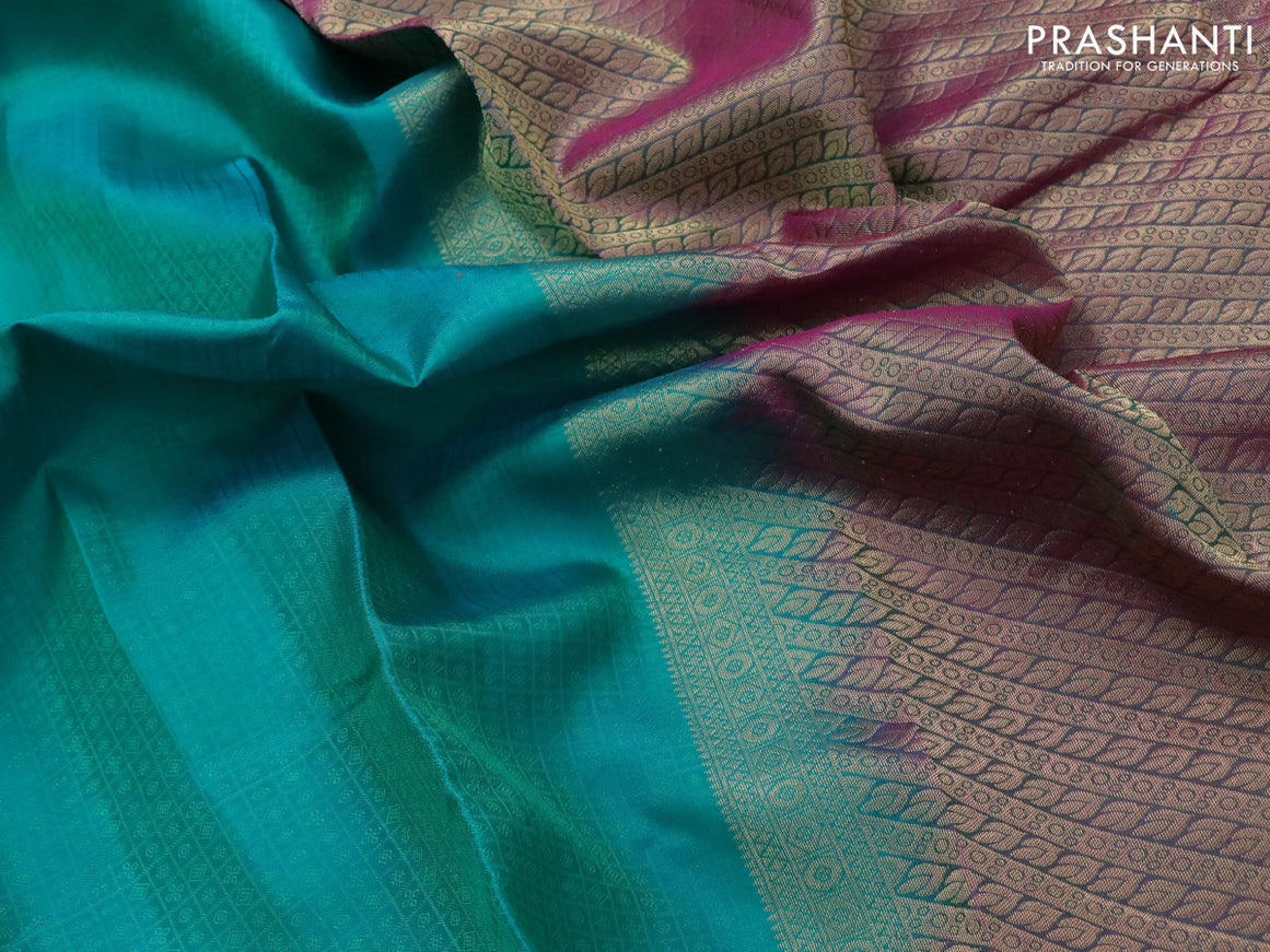 Pure kanjivaram silk saree teal green and pink with allover self emboss and zari woven border
