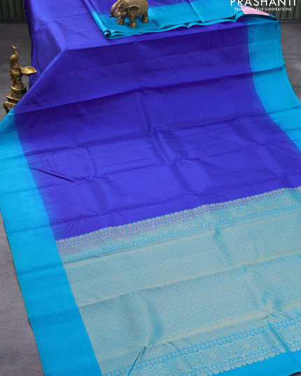 Pure kanjivaram silk saree blue and cs blue with allover thread woven checked pattern and simple border