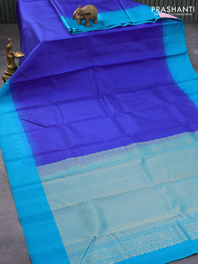 Pure kanjivaram silk saree blue and cs blue with allover thread woven checked pattern and simple border