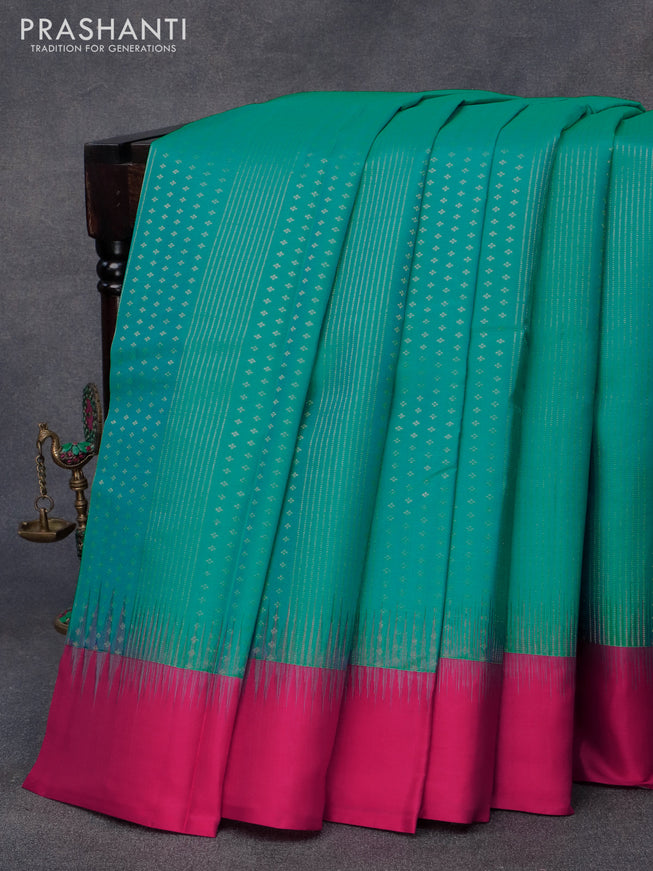 Pure kanjivaram silk saree dual shade of teal blue and pink with allover zari weaves and simple border