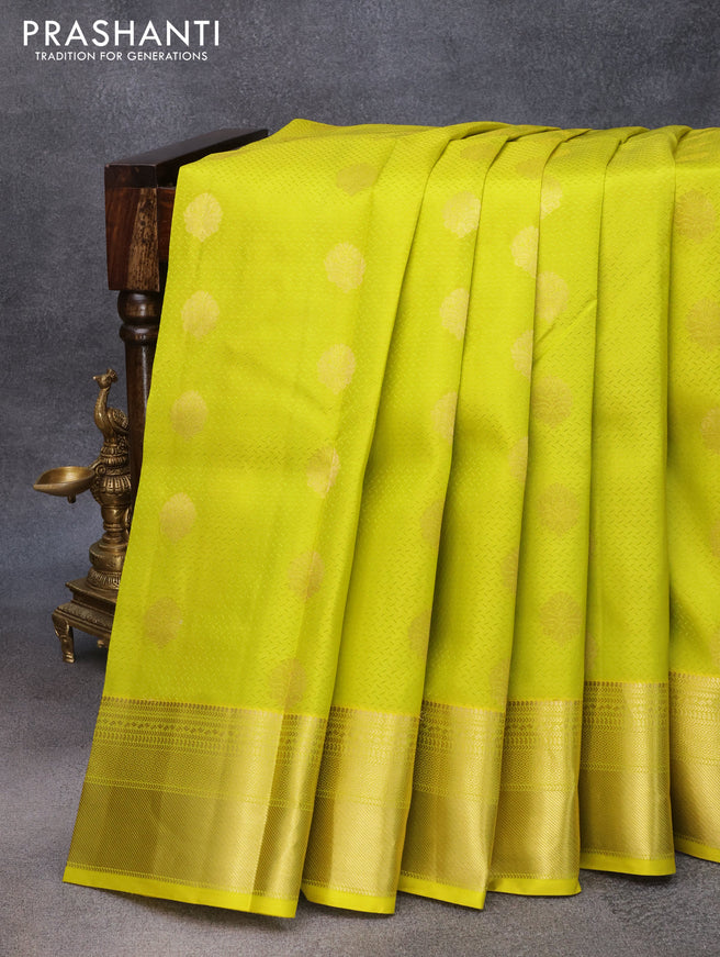 Pure kanjivaram silk saree lime green and dual shade of pink with allover self emboss & zari buttas and zari woven border