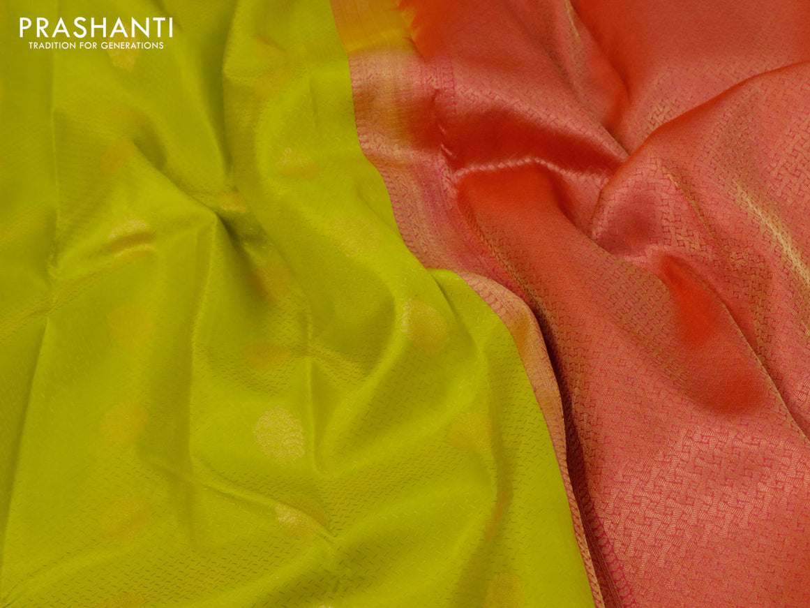 Pure kanjivaram silk saree lime green and dual shade of pink with allover self emboss & zari buttas and zari woven border