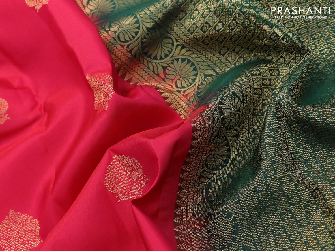 Pure kanjivaram silk saree reddish pink and bottle green with zari woven buttas and zari woven border