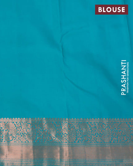 Pure kanjivaram silk saree mehendi green and teal blue with allover copper zari woven butta weaves and copper zari woven border
