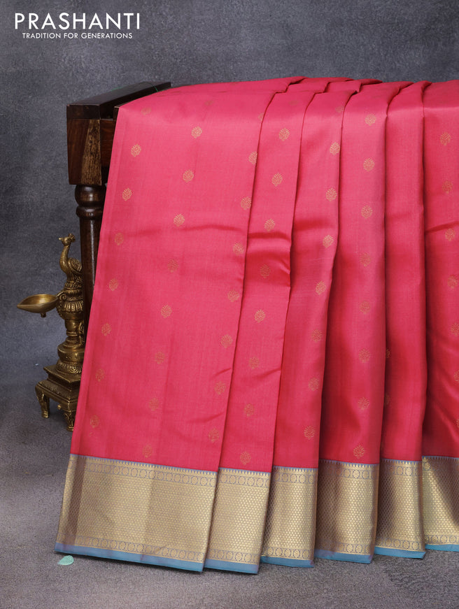 Pure kanjivaram silk saree pink and dual shade of blue with zari woven buttas and zari woven border