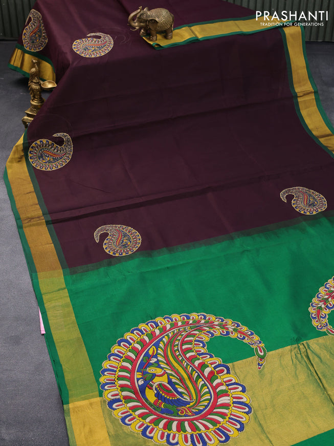 Silk cotton saree green and coffee brown with kalamkari applique work and zari woven border & kalamkari blouse