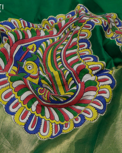 Silk cotton saree green and coffee brown with kalamkari applique work and zari woven border & kalamkari blouse
