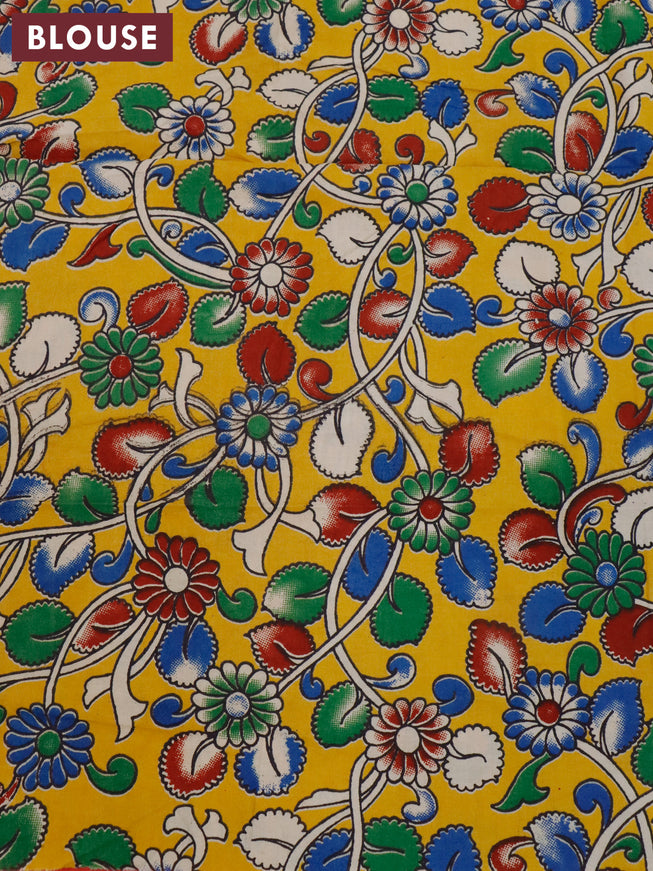 Silk cotton saree mustard yellow and maroon with kalamkari applique work and zari woven border & kalamkari blouse