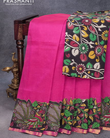 Silk cotton saree pink and mustard yellow with kalamkari applique work and zari woven piping border & kalamkari blouse