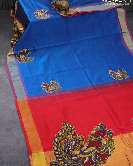 Silk cotton saree cs blue and red with kalamkari applique work and zari woven border & kalamkari blouse