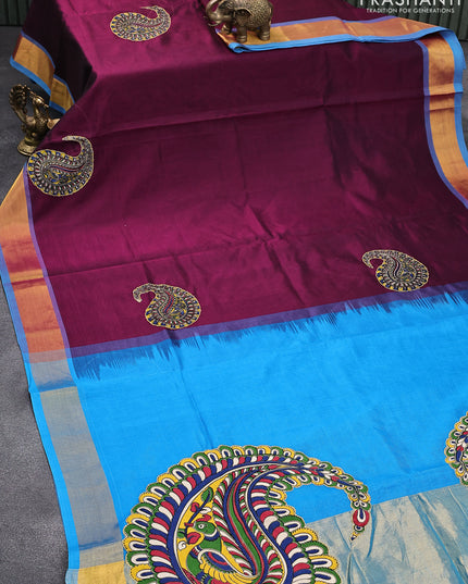 Silk cotton saree purple and cs blue with kalamkari applique work and zari woven border & kalamkari blouse