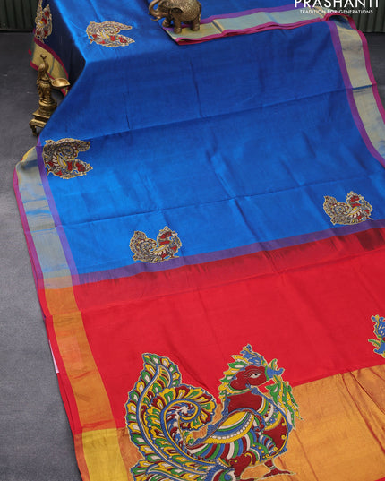 Silk cotton saree red and cs blue with kalamkari applique work and zari woven border & kalamkari blouse