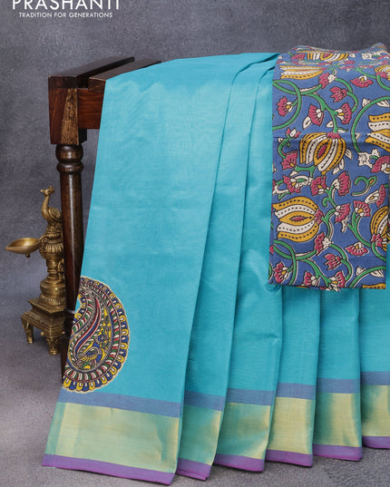 Silk cotton saree purple and teal blue with kalamkari applique work and zari woven border & kalamkari blouse