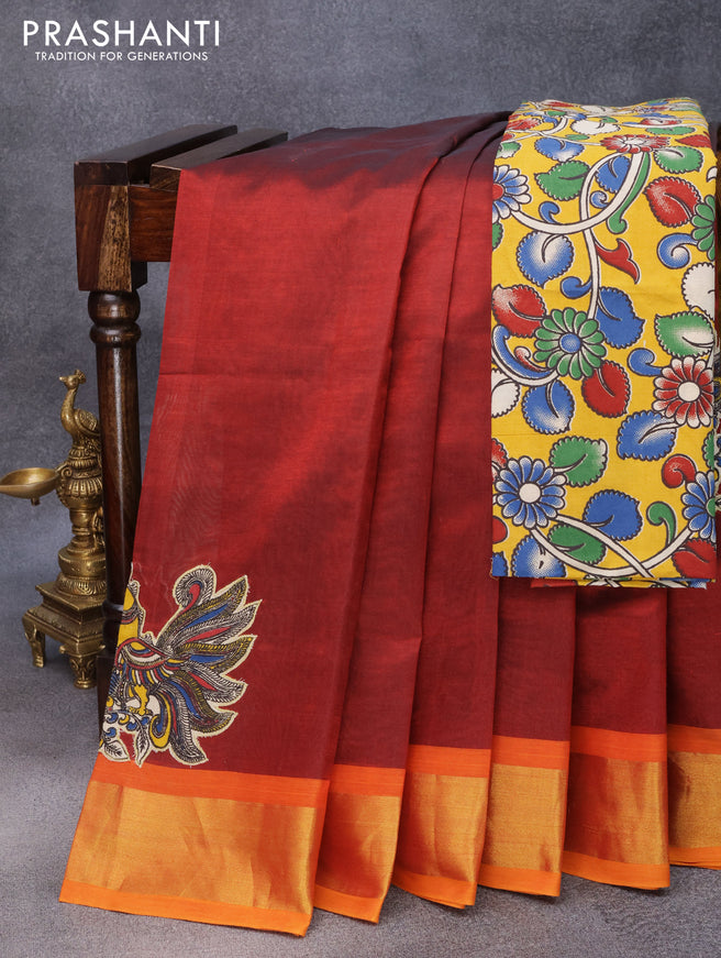 Silk cotton saree mustard yellow and maroon with kalamkari applique work and zari woven border & kalamkari blouse