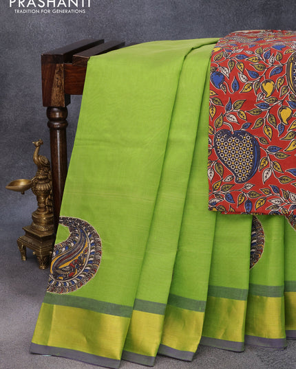 Silk cotton saree blue and green with kalamkari applique work and zari woven border & kalamkari blouse