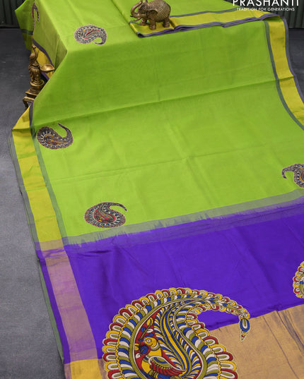 Silk cotton saree blue and green with kalamkari applique work and zari woven border & kalamkari blouse