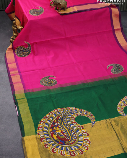 Silk cotton saree pink and green with kalamkari applique work and zari woven border & kalamkari blouse