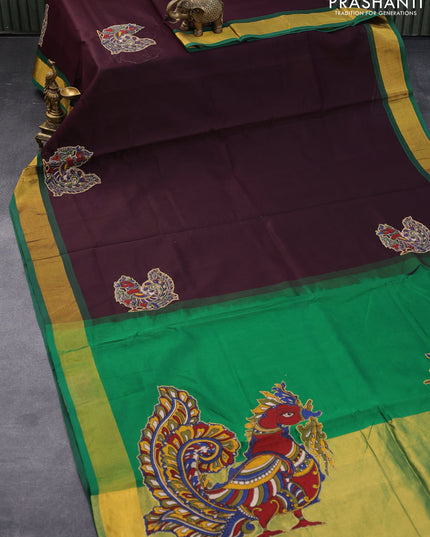 Silk cotton saree coffee brown and green with kalamkari applique work and zari woven border & kalamkari blouse