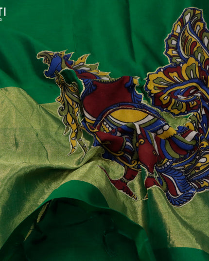 Silk cotton saree coffee brown and green with kalamkari applique work and zari woven border & kalamkari blouse
