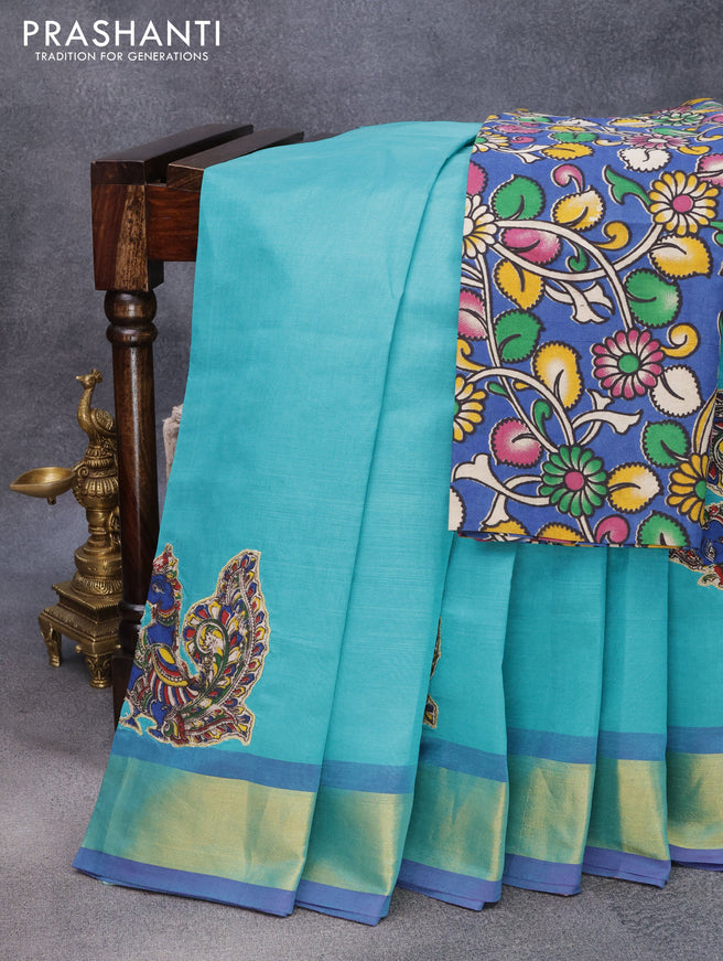Silk cotton saree teal blue and blue with kalamkari applique work and zari woven border & kalamkari blouse