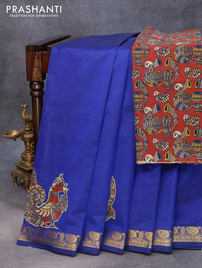 Silk cotton saree blue with kalamkari applique work and paisley zari woven border & kalamkari blouse