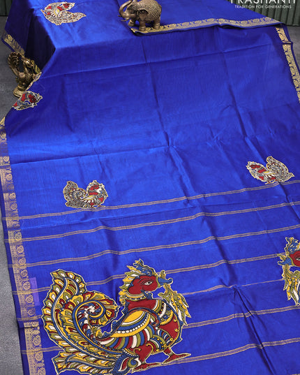 Silk cotton saree blue with kalamkari applique work and paisley zari woven border & kalamkari blouse