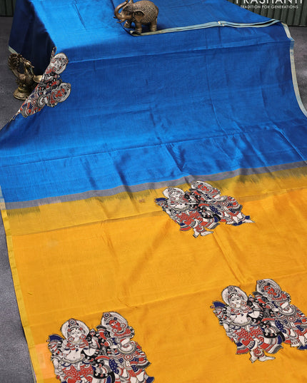 Silk cotton saree peacock blue and mango yellow with kalamkari applique work and zari woven piping border & kalamkari blouse