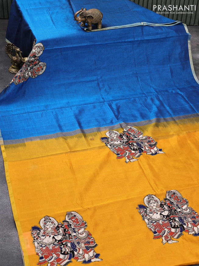 Silk cotton saree peacock blue and mango yellow with kalamkari applique work and zari woven piping border & kalamkari blouse