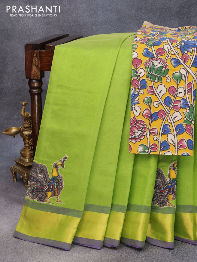 Silk cotton saree light green and blue with kalamkari applique work and zari woven border & kalamkari blouse