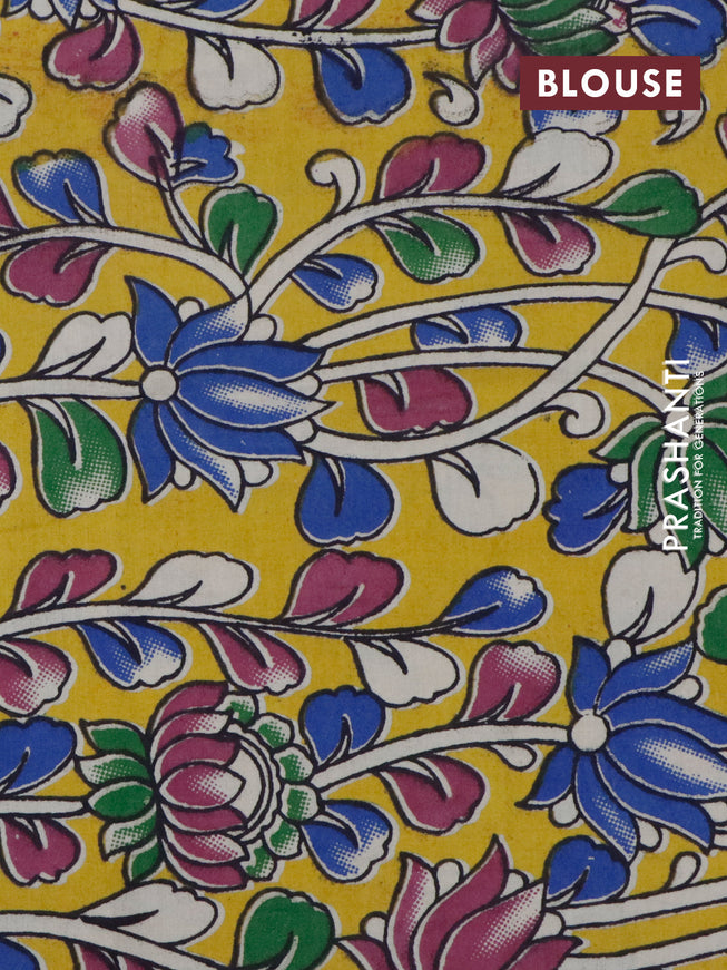 Silk cotton saree light green and blue with kalamkari applique work and zari woven border & kalamkari blouse