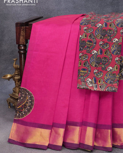 Silk cotton saree pink and dark green with kalamkari applique work and zari woven border & kalamkari blouse