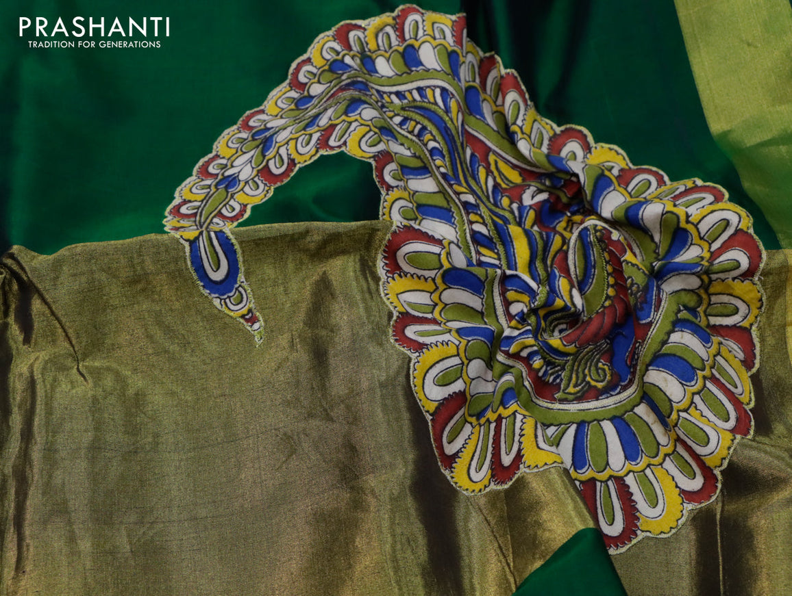 Silk cotton saree pink and dark green with kalamkari applique work and zari woven border & kalamkari blouse