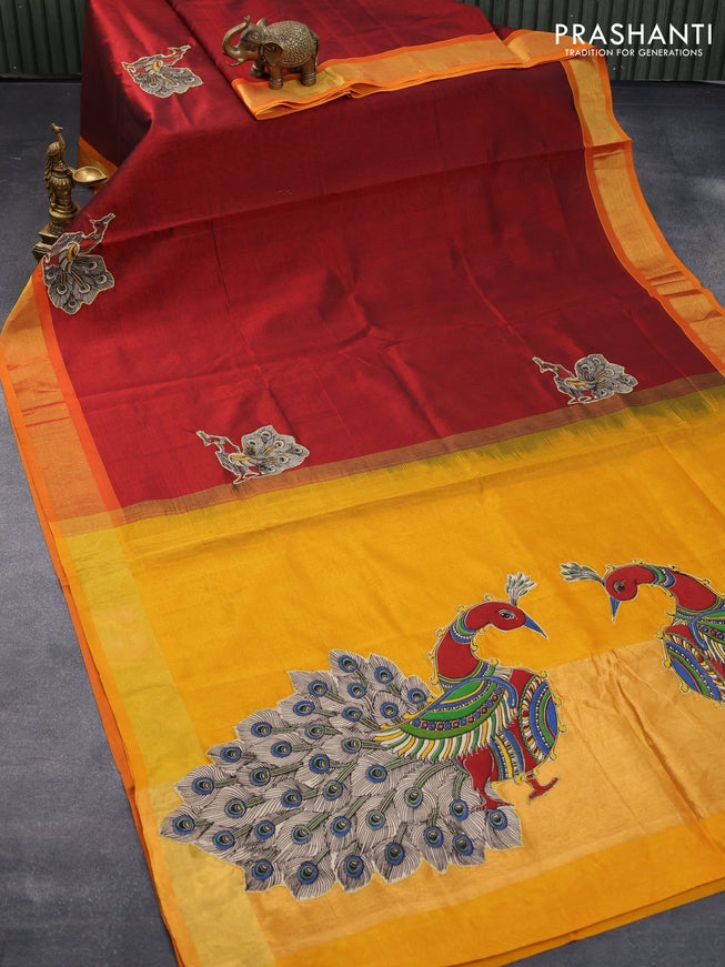 Silk cotton saree maroon and mango yellow with kalamkari applique work and zari woven border & kalamkari blouse