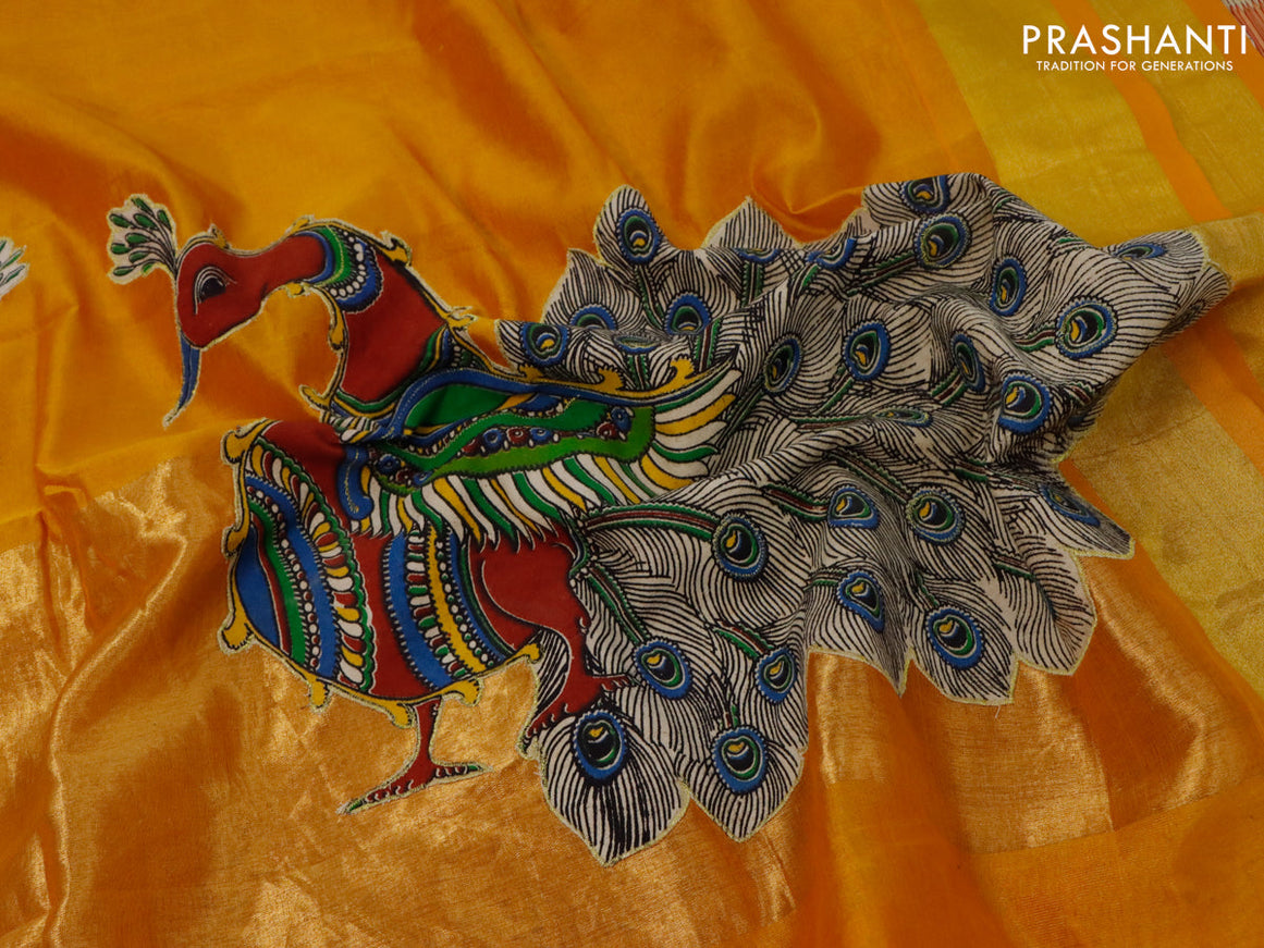 Silk cotton saree maroon and mango yellow with kalamkari applique work and zari woven border & kalamkari blouse