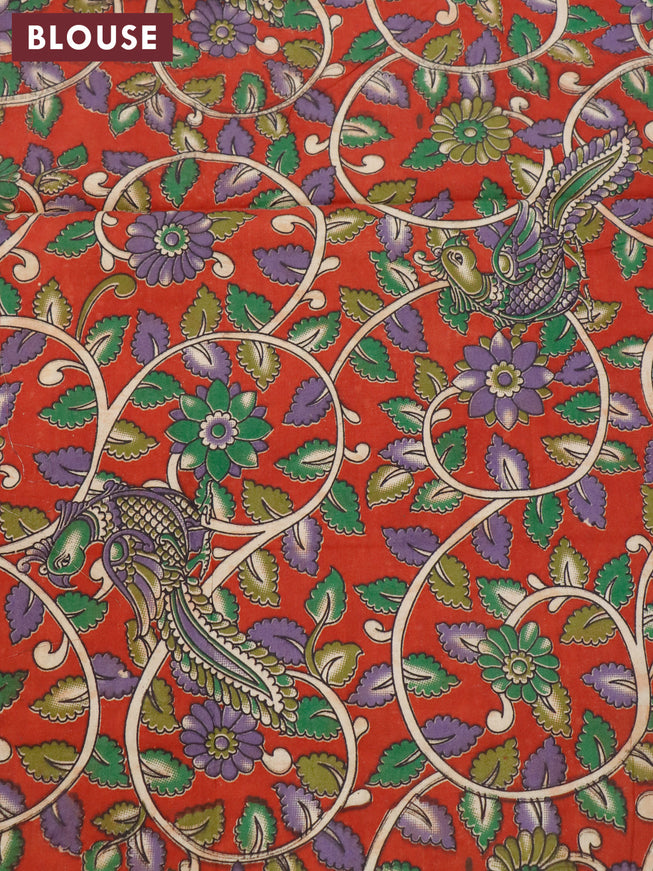 Silk cotton saree sandal and blue with kalamkari applique work and zari woven border & kalamkari blouse