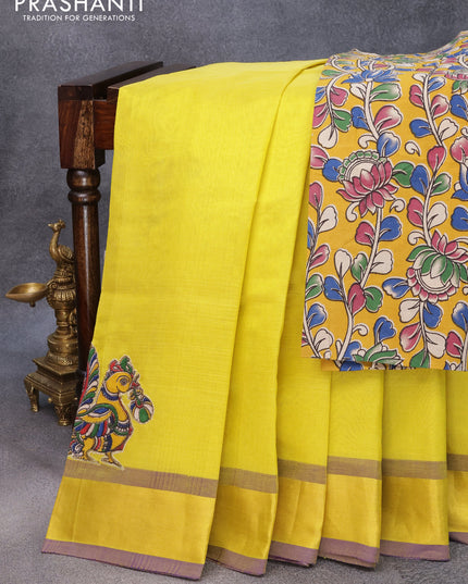 Silk cotton saree yellow and blue with kalamkari applique work and zari woven border & kalamkari blouse